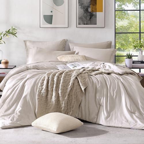Monbix Queen Size Comforter Set 7 Pieces Oatmeal Beige Bed in a Bag - Cationic Dyeing Reversible All Season Bedding Sets with Comforter, Sheets, Pillowcases & Shams