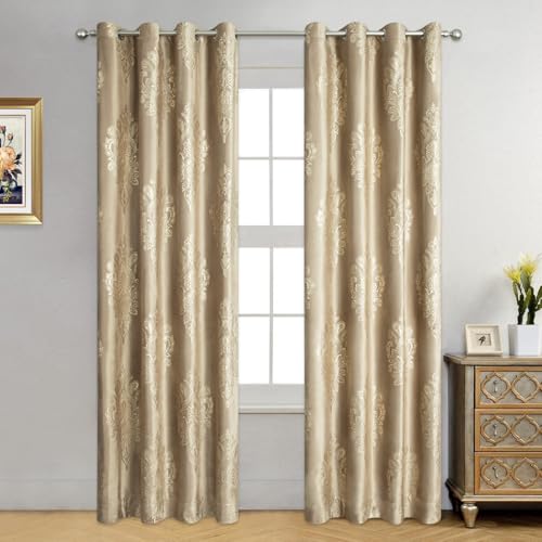 VOGOL Brown Blackout Bedroom Curtains, Luxury European Style Thermal Insulated Velvet Drapes for Living Room, Golden Flower Pattern Room Darkening Curtain, 2 Panels, 52 x 84