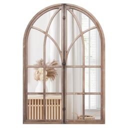 RELAX4LIFE Arched Window Wall Mirror, 60x88cm Vintage Rustic Wall-Mounted Decorative Mirror, Wooden Frame Hanging Accent Mirror Windowpane Decor Vanity Mirror for Living Room Hallway Bathroom