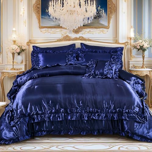 MOVE OVER Blue Satin Comforter Set Queen Size 8 Pieces Satin Bed in a Bag Farmhouse Shabby Chic Ruffle Comforter Set Luxury Silk Like Satin Bedding Set for Bedroom