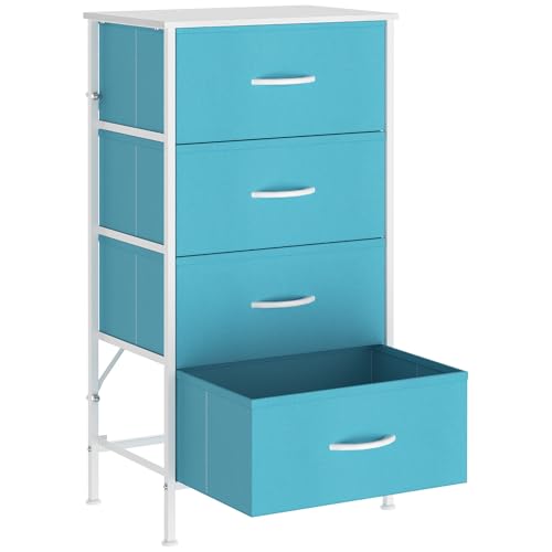 KU Syang Dresser with 4 Drawers - Fabric Chest of Drawers with Large Storage Space, Modern Tall Tower Unit Storage Organiser for Living Room/Bedroom, Wooden Top and Metal Frame (Blue)