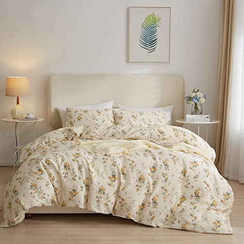 EAVD Yellow Botanical Floral Duvet Cover Queen Soft Cotton Reversible Floral Bedding Sets Full Aesthetic 1 Botanical Duvet Cover with 2 Pillowcases Chic Garden Flower Bedding Sets for Girls Women