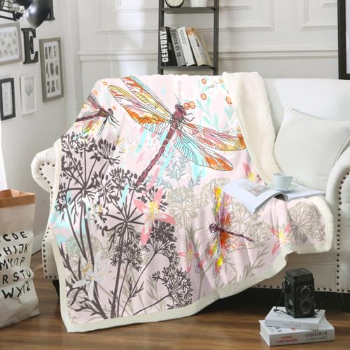 Feelyou Dragonfly Sherpa Blanket Throw 50x60 Inches Botanical Floral Fleece Throw Blanket for Kids Girls Teens Women Bedroom Decor Nature Animals Branches for Sofa Bed Couch Pink