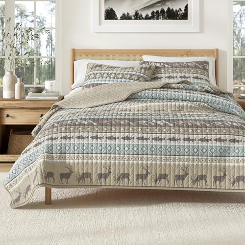 Country Style Reversible Bedspread with 2 Pillowcases for All Seasons, 3-Piece