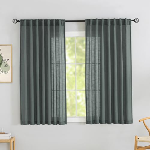 DONREN Natural Linen Textured Curtains for Kids Room 63 in Length - Charcoal Grey 2 Panels Hidden Loops at Back Band with Pleats Rod Pocket Light Filtering Semi-Transparent
