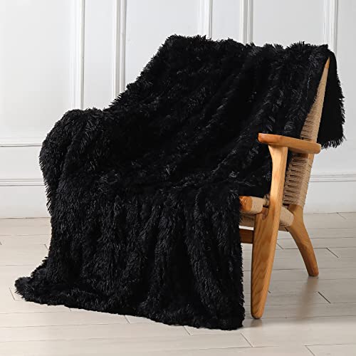 "Tuddrom Decorative Ultra Soft Faux Fur Throw Blanket Solid Cozy Lightweight Shaggy Microfiber Fleece Reversible for Couch Bed 80""x90"", Black"