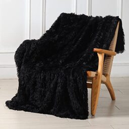 "Tuddrom Decorative Ultra Soft Faux Fur Throw Blanket Solid Cozy Lightweight Shaggy Microfiber Fleece Reversible for Couch Bed 80""x90"", Black"