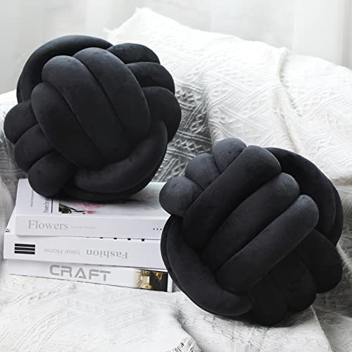 Namalu 2 Pieces Knot Ball Pillows Round Plush Aesthetic Cushion Pillows Soft Stress Relieving Cute Decorative Knotted Pillows for Kids Bed Sofa Bedroom Decor (Black, 7.87 Inches)