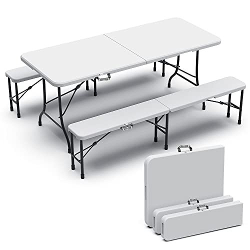VOUNOT® Folding Table Bench Set Trestle Portable Party Picnic BBQ Camping Set With Metal Frame Indoor Outdoor Garden, White