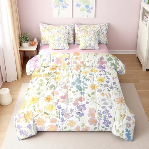 Erosebridal 7 Piece Cute Boho Floral Comforter Set Queen,Colorful Bohemian Wildflower Bed in a Bag with Sheets for Kids Girls Women,Funky Rainbow Wild Flower Bedding Set with Pillowcases & Shams