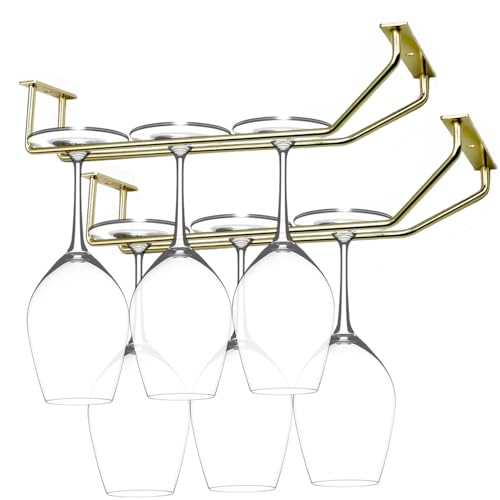 RedDreamer 10.8 Inch Gold Wine Glass Rack, Under Cabinet Wine Glass Holder Stainless Steel Stemware Rack - Hanging Stemware Holder for Cabinet Kitchen Bar, Set of 2