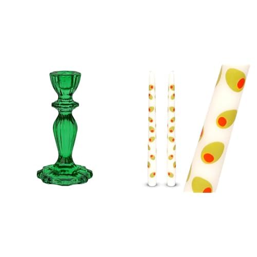 Dark Green Glass Candlestick Holder & Olive Design Tapered Candles Bundle