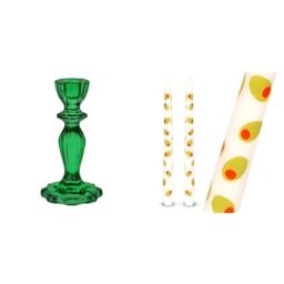 Dark Green Glass Candlestick Holder & Olive Design Tapered Candles Bundle