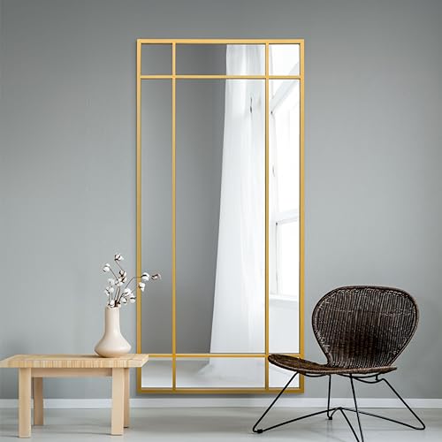 "MirrorOutlet The Fenestra - Gold Modern Contemporary Leaner and Wall Mirror 71"" X 33"" (180CM X 85CM) Silver Mirror Glass with Black Metal Frame. Landscape or Portrait.…"