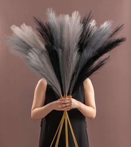 "SeptCat 9 Pcs 45"" Faux Dried Pampas Grass Tall Decor, Fluffy Fake Long Pompas Artificial Black Grey Gray Pompous Stems Bouquet Flower Arrangement Vase Filler for Boho Home Wedding Decoration"