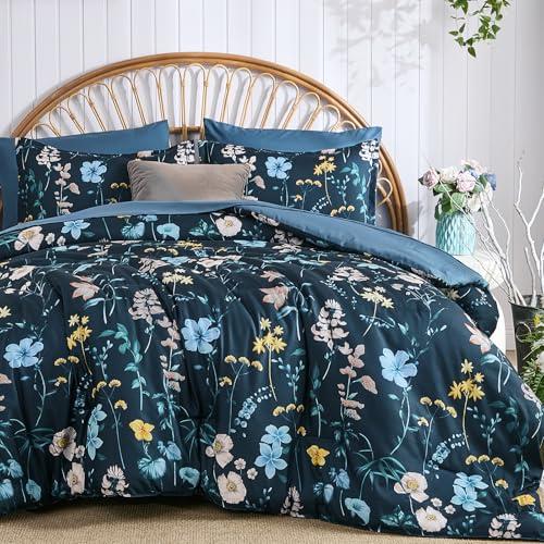DJY Comforter Set King Size,Teal Blue Floral Bedding Comforter Sets,7 Pieces Bed in a Bag Lightweight Botanical Comforter Set with Sheets Pillowcases & Shams for All Seasons
