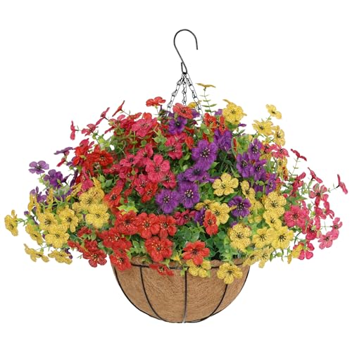 Senjie 12 Bundles Artificial Hanging Flowers with Basket for Outdoor Decor, UV Resistant Faux Flowers Fake Hanging Planter for Porch Patio Balcony
