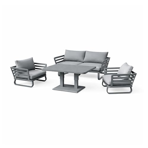 Aluminium Garden Furniture Set 4 Seater Grey Outdoor Patio Sofa Set - Loveseat, Armchairs, Rising Dining Table for Coffee, Dining, Thick Cushions for Lounge Conservatory Balcony Seating