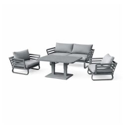 Aluminium Garden Furniture Set 4 Seater Grey Outdoor Patio Sofa Set - Loveseat, Armchairs, Rising Dining Table for Coffee, Dining, Thick Cushions for Lounge Conservatory Balcony Seating