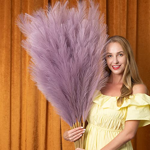"Pampas Grass Decor Tall, 43""/110cm Faux Pampas Grass 6 Stems Large Pompass Grass Branches Tall Bulk Boho Flower Arrangement for Home Room Wedding Party Decor (Light Purple)"