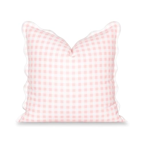 "Hofdeco Premium Grandmillennial Patio Indoor Outdoor Throw Pillow Cover Only, 20""x20"" Water Repellent for Backyard, Couch, Poolside, Blush Pink Print Gingham"