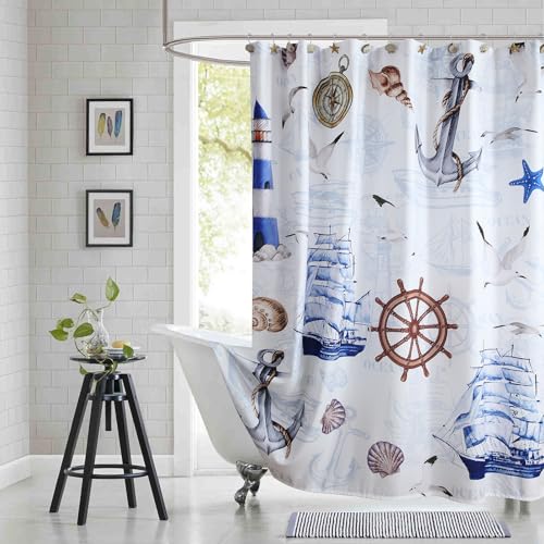 BESTRIPES Nautical Shower Curtain 72x78 Inches, Long White and Blue Bath Curtain with Lighthouses, Anchors, Ships and Shells for Coastal Beach Themed Bathroom Decor
