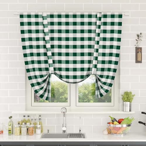 Natus Weaver Tie Up Curtain for Kitchen Window Buffalo Check Adjustable Tie Up Shades Plaid Gingham Farmhouse Rod Pocket for Bathroom, 42 x 54 Inches, 1 Panel Dark Green and White
