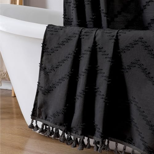 OWENIE Extra Long Black Boho Shower Curtain, Chic Tufted Chevron Striped Textured Fabric Cloth Shower Curtains with Tassel for Bathroom, Soft Hotel Style Farmhouse, Machine Washable, 72x84