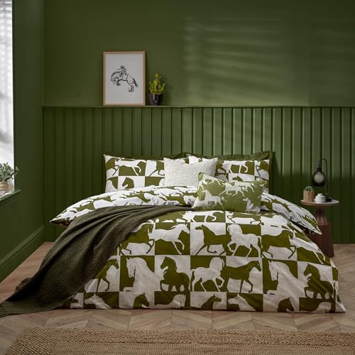furn. Herve Reversible Duvet Cover Set – Wild Horses Statement Bedding (Olive – Super King)