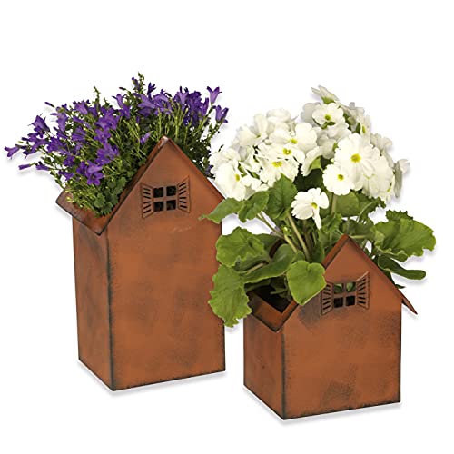 Hoberg Flower pots in rust look, set of 2, weather-resistant square plant pots in house design in 2 sizes, perfect as decoration for garden, pond, balcony, front door and entrance area, for indoor and