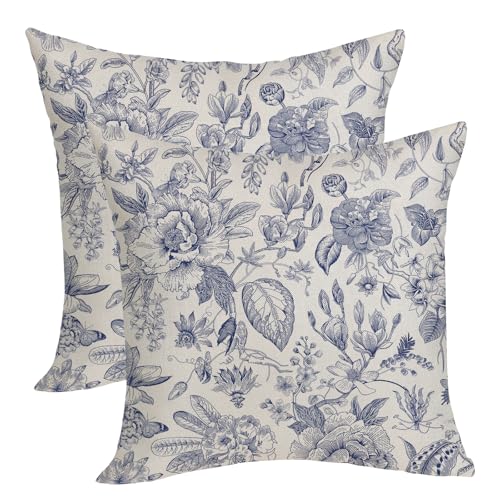 OFIRD Spring Pillow Covers 18x18 Pack of 2 Geometric Blue Floral Throw Pillow Covers Outdoor Decoration Pillowcase Farmhouse Decorative Linen Cushion Case for Couch Sofa