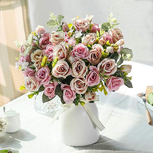 LESING Artificial Silk Rose with Vase Fake Flowers Wedding Flowers Bouquets Arrangement Home Office Party Centerpiece Table Decoration (Purple)
