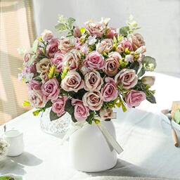 LESING Artificial Silk Rose with Vase Fake Flowers Wedding Flowers Bouquets Arrangement Home Office Party Centerpiece Table Decoration (Purple)