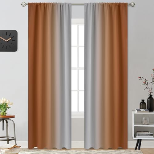 Yakamok Greyish White and Burnt Orange Ombre Curtains, Light Blocking Gradient Color Curtains, Room Darkening Thermal Insulated Rod Pocket Window Drapes for Living Room/Bedroom, 52W x 84L Inch