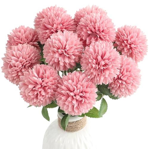 Floroom 12pcs Dusty Rose Faux Silk Mums Artificial Flowers Bulk Fake Chrysanthemums with Stems for DIY Wedding Bouquets Table Centerpieces Floral Arrangements Fillers Home Decorations