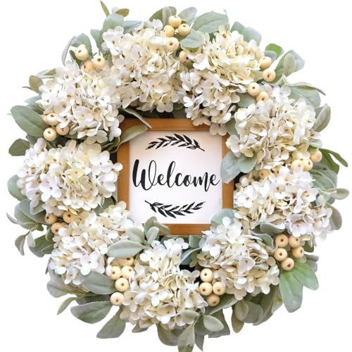 Artificial Door Wreath 22 Inch, Spring/Summer Wreath with Hydrangeas Lamb's Leaves Berries Welcome Board for Holiday Farmhouse Home Indoor Outdoor Wedding Party Wall Window Decor