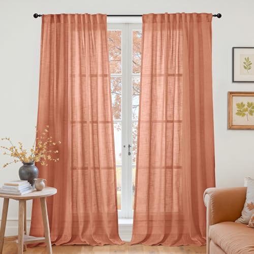 YoungsTex Terracotta Linen Semi Sheer Curtains Living Room - Burnt Orange Light Filtering Drapes with Rod Pocket Back Tab Privacy for Farmhouse Bedroom Windows, 2 Panels, 52 X 84 Inch