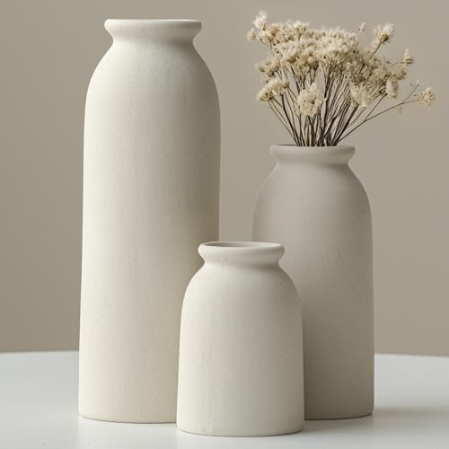 Ceramic Vase Set-3, Small Flower Vases for Decor, Modern Boho Farmhouse Style, Decorative Vases for Pampas Grass & Dried Flowers, Distressed Finish (Beige)