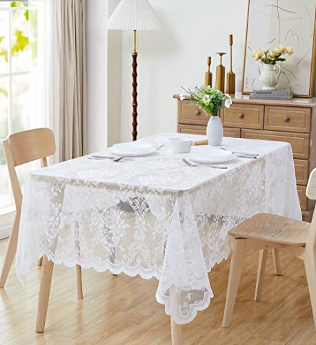 LinenZone 60 x 120 Oblong White Lace Tablecloth. (Luna TC 60 x 120, White) - Rectangular, Square, Round and Oval Lace Tablecloths for Wedding, Birthday, Christmas, Thanksgiving, Easter or Baby Shower.