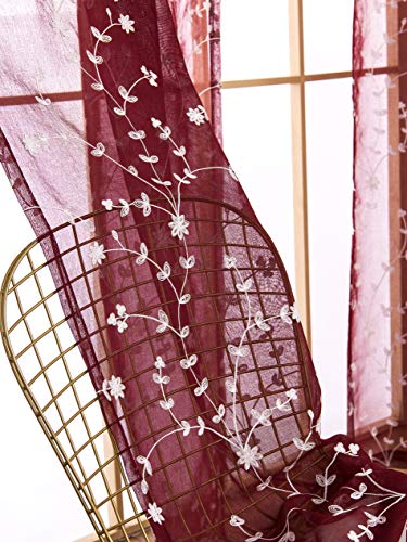 AmHoo 2 Panels Leaf Flora Embroidered Farmhouse Semi Sheer Curtain Voile Curtains for Living Room Bedroom Window Treatment Burgundy Red 53 x 96 Inch