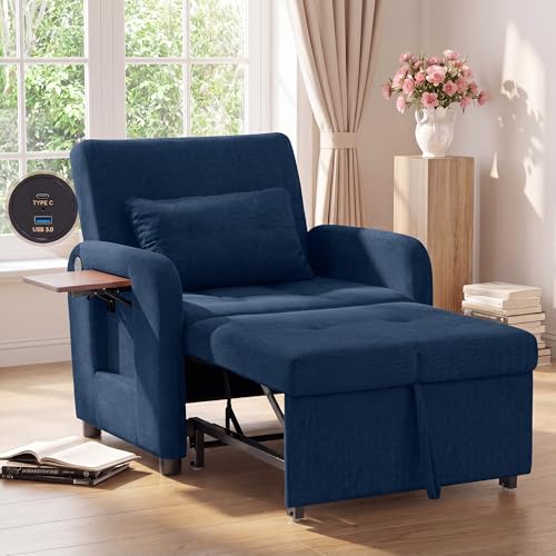 COLAMY Compact Recliner Armchair with USB Port & Side Table, Space Saving Sleeper Chair with Pull-Out Footrest, Adjustable Lounge Sofa Bed Chair for Small Living Room Bedroom Flat,Dark Blue