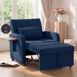 COLAMY Compact Recliner Armchair with USB Port & Side Table, Space Saving Sleeper Chair with Pull-Out Footrest, Adjustable Lounge Sofa Bed Chair for Small Living Room Bedroom Flat,Dark Blue