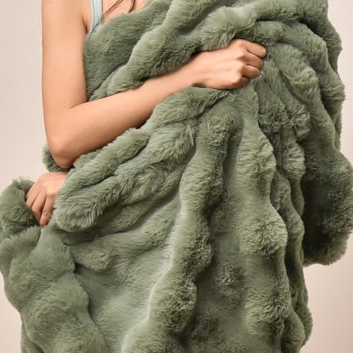 "PHF Luxury Faux Rabbit Fur Throw Blanket, Ultra Soft Fluffy Plush Cozy Warm Bubble Blanket for Bed, Couch, Sofa Decorative, Thick Reversible Throw Suitable for Fall & Winter, 50"" x 60"", Olive Green"