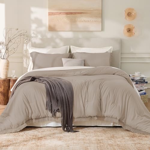 Andency Comforter Full Khaki, 3 Pieces Boho Winter Bedding - Lightweight Comforter Sets, All Season Tassel Bed Set (1 Comforter 79x90 & 2 Pillowcases)
