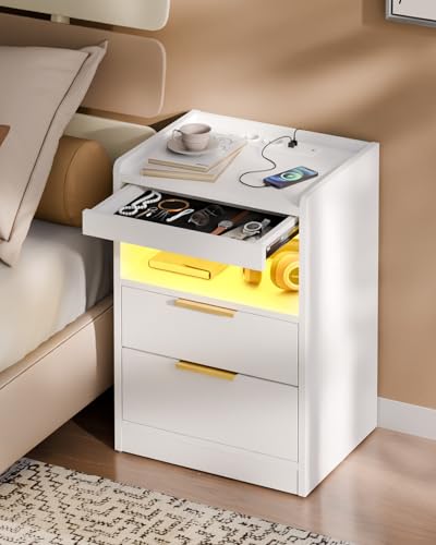 Mondeer LED Bedside Table with Hidden Drawer, Bedside Cabinet with Charging Station and 3 Drawers, Nightstand with Storage for Bedroom Living Room Office, 60 x 40 x 35 cm (White)