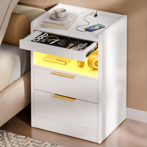 Mondeer LED Bedside Table with Charging Station, Bedside Cabinet with Hidden Drawer, End Table with 3 Drawers, USB & Type-C Ports, for Bedroom Living Room, 60 x 40 x 35 cm (White)