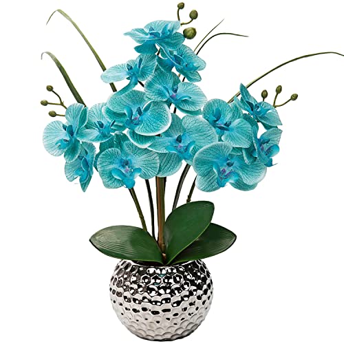 Briful Artificial Orchids Flowers 20'' Teal Blue Faux Orchid Arrangement with Silver Vase Fake Phalaenopsis Silk Orchid for Home Office Living Room Table Decor