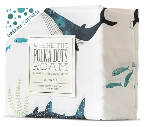 Where The Polka Dots Roam Nautical Ocean Full Bedding Set - 4 Piece Super Soft Kids Bed Set with Fitted Sheet, Flat Sheet, and Pillowcases - Underwater Sea Creatures Design for Boys Girls Room D??cor