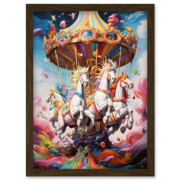 Artery8 Magical Carousel in Rainbow Clouds Bright Bold Vibrant Fantasy Kids Bedroom Baby Nursery Artwork Framed Wall Art Print A4