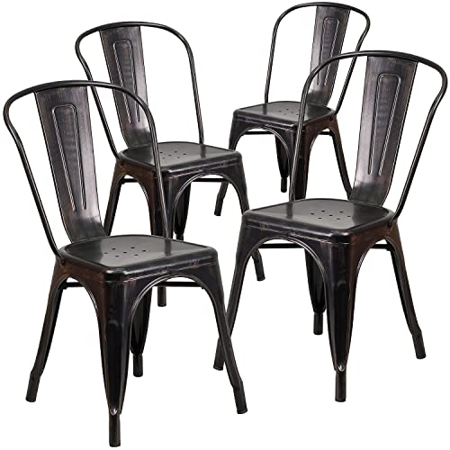 Flash Furniture Luke Commercial Grade 4 Pack Black-Antique Gold Metal Indoor-Outdoor Stackable Chair